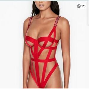 0129 Victoria’s Secret Red Strappy Bondage Teddy Small